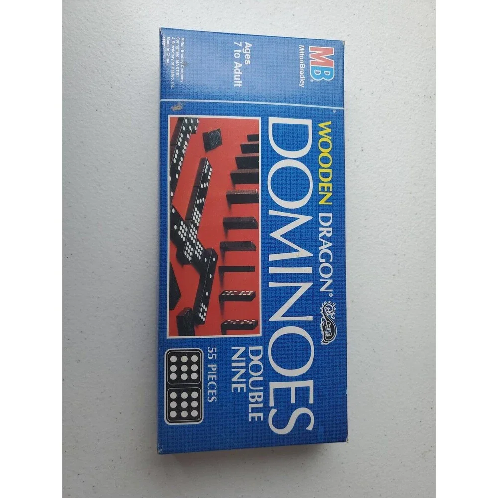 DOMINOES, WOODEN DRAGON, Double Nine, 55 Pieces, Milton Bradley MB 1983 Complete